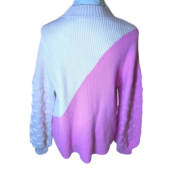 Colorblock Knit Sweater Pink Beige Pullover Balloon Sleeve Chunky XL - Picture 1 of 6